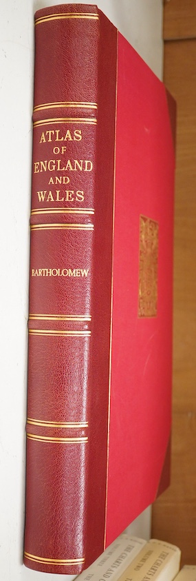 Bartholomew, J.G. - The Survey Atlas of England & Wales ... 84 coloured plates of maps & plans (many d-page); rebound mid 20th century red half morocco and cloth, gilt amorial upper cover, gilt ruled panelled spine, gilt